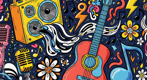 Vibrant Music Festival Vibes Guitar Amp Retro Microphones Fun Celebration Party Graphics