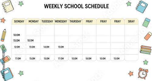 Professional minimalist weekly school schedule planner template with cute stationery icons including pencil books and eraser in pastel vector style.