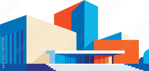 Angular Geometric Illustration of a Modern Corporate or Institutional Building with High Contrast Blue, Orange, and Cream Color Blocks