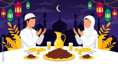 Ramadan Iftar Dinner. Muslim Couple Praying Before Breaking Fast. Spiritual Islamic Family Celebration with Dates.