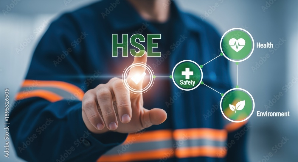 Fototapeta premium Worker in Safety Uniform Touching Virtual HSE Icon, Demonstrating Health, Safety, and Environment Management Principles