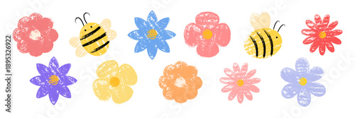 Hand-drawn crayon flowers and bees set with pastel textures. Cute vector chalk elements for spring designs, stickers, greetings and kids illustrations.