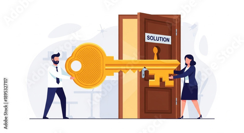 Business people holding giant key to unlock solution door.