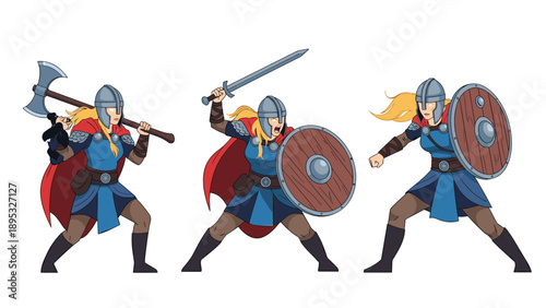 Female viking warriors equipped with axes, swords, and wooden shields are shown in dynamic action poses for historical fantasy storytelling.