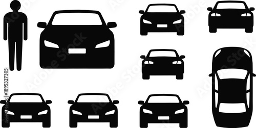 Car silhouette icon collection with human figure, front and top views, black vector illustration, transportation and scale concept, isolated on white background
