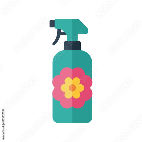 Cleaning spray bottle vector clipart with floral label, flat style isolated on white background