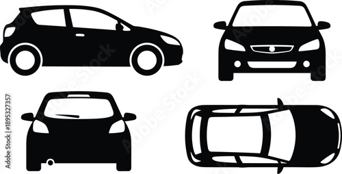 Car silhouette icon set, front, rear, side, and top views, black vector illustration, vehicle orientation design, isolated on white background