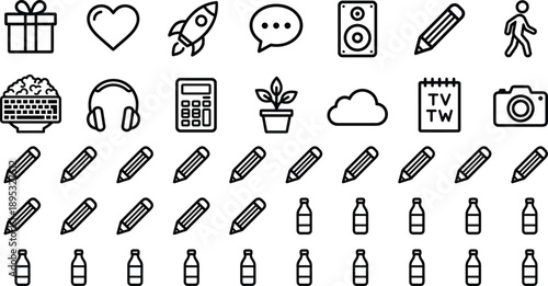 Assortment of Black and White Outline Icons on White Background symbol graphic