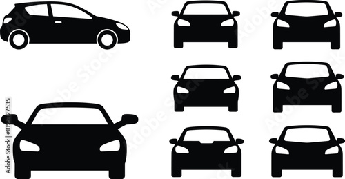Car silhouette puzzle, side and front views, visual recognition challenge, black vector illustration, vehicle comparison design, isolated on white background