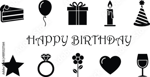 A collection of black silhouette icons representing birthday and celebration elements