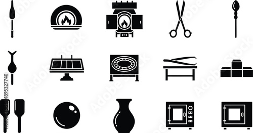 A collection of icons representing tools and equipment for glassblowing and craft production