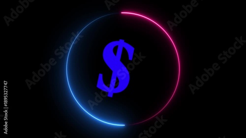 Blue Neon Dollar Sign with Rotating Pink and Blue Electric Rings