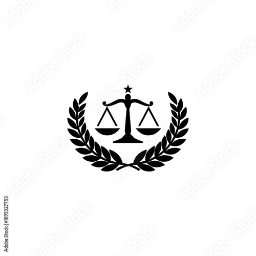 Justice scales icon with laurel wreath and star. Legal system emblem symbolizing law, equality, and fairness.