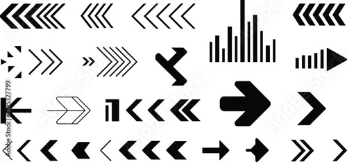 Arrow icon collection, vector direction symbols, graphic navigation elements, abstract pointer shapes, modern UI arrows, isolated on white background, design toolkit
