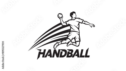 High energy black and white vector illustration of a handball player in mid air action, perfect for sports logos, posters, and athletic branding projects.