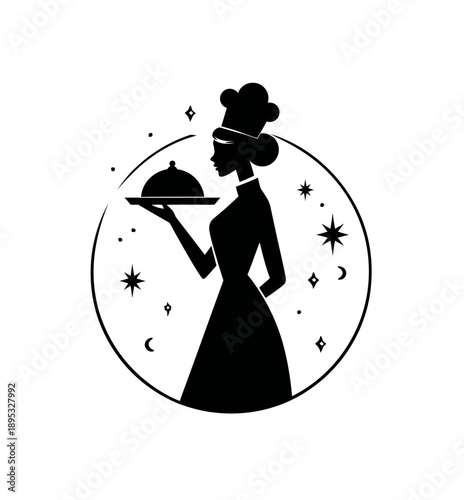 Elegant female chef silhouette serving gourmet food under cloche dish icon with sparkling stars.