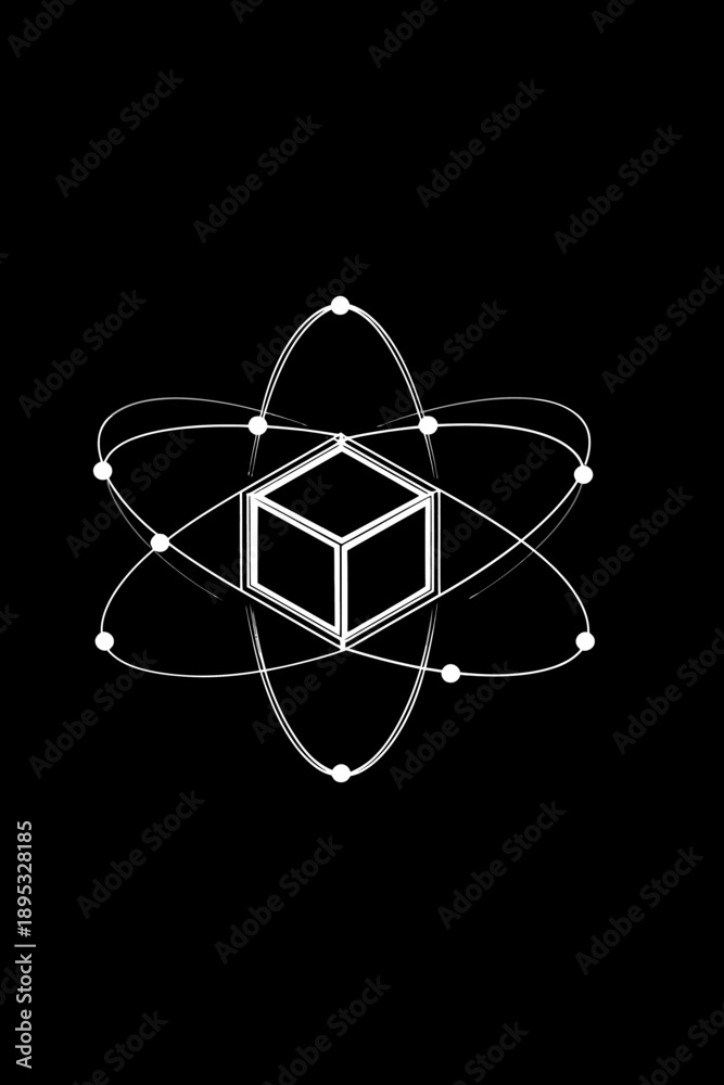 Naklejka premium Abstract 3D cube within atomic orbit structure on black background, symbolizing science, technology, and quantum computing.