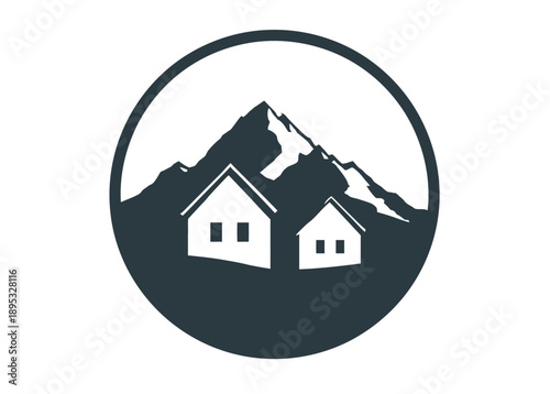 Minimalist vector icon of two houses in front of snowy mountain peaks, representing mountain living, real estate, or nature retreat.