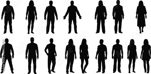 Human silhouette icon collection, casual and formal attire, male and female figures, black vector illustration, fashion and posture variety, isolated on white background