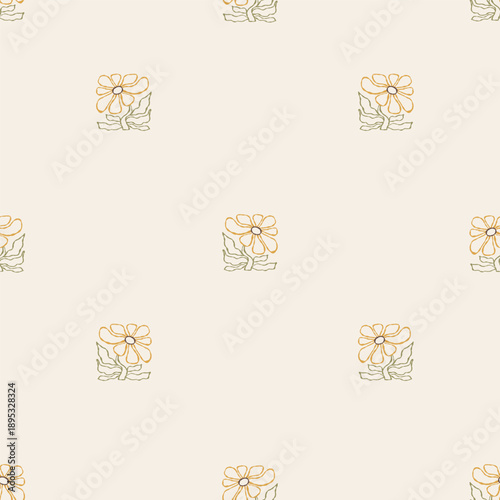 Outline Seamless Floral Pattern Tile With Hand-Drawn. Abstract Flowers of Matisse Inspired on White Background. Contemporary Botanical Minimalist Vector Square Illustration