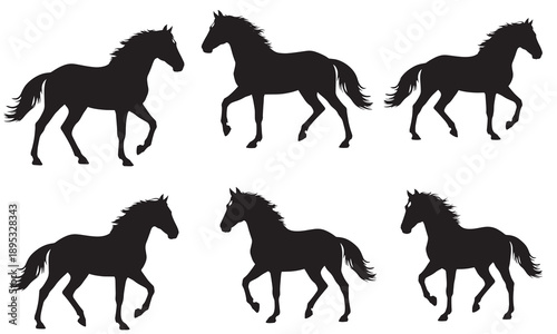 Collection of six elegant black horse silhouettes in various walking and trotting poses, isolated on a white background, conveying grace and movement.