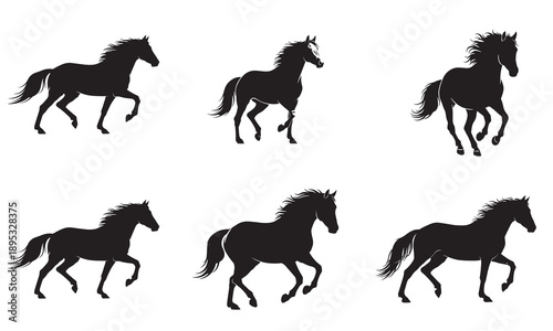 Set of six dynamic black horse silhouettes in various walking, trotting, and cantering poses, isolated on white, depicting energy and motion.