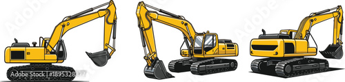 Set of three yellow excavators with black tracks and buckets on white background Keywords: excavator, construction, heavy