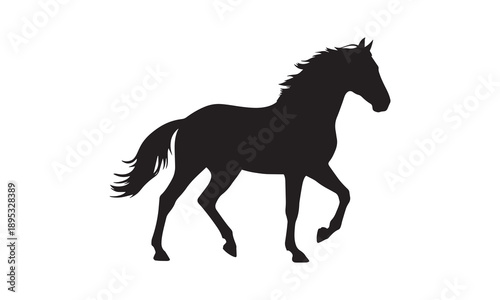 Graceful black silhouette of a horse walking or trotting, displaying calm and elegant movement, isolated.