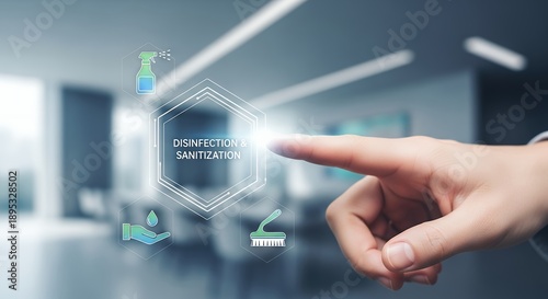 A person interacting with a digital interface labeled disinfection sanitization in a modern workspace.