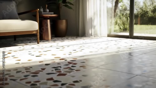 A minimalist and airy living room space featuring a plush armchair bathed in warm, natural light illuminating a distinctive terrazzo floor with scattered colorful chips.