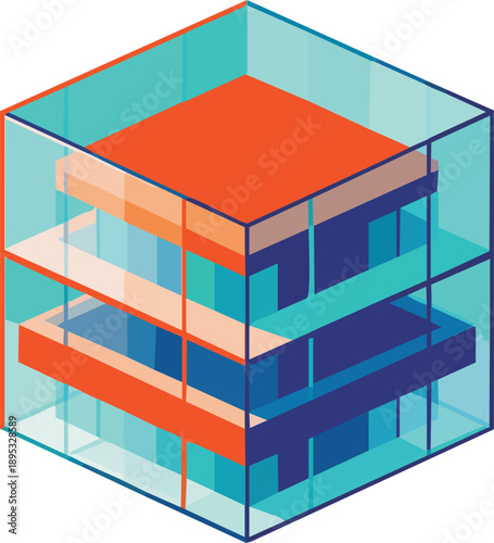 Isometric Conceptual Illustration of a Transparent Glass Cube Housing Multi-Layered Orange and Blue Internal Structures