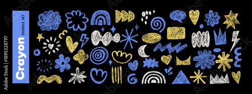 Abstract crayon doodle grunge scribble set. Modern childish hand drawn elements. Vector isolated notebook illustration. Geometric shapes background