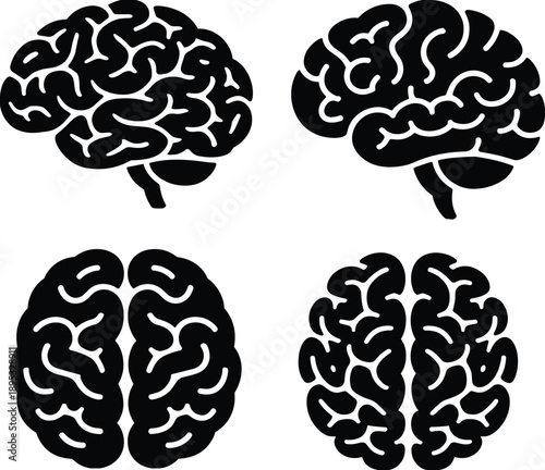 Human brain silhouette set, vector neuroscience icons, top and side views, abstract anatomy graphics, black design elements, isolated on white background