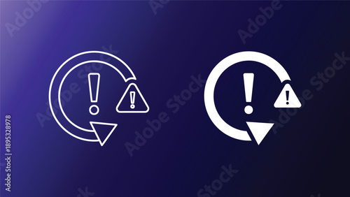 Warning signs with circular arrows on purple background indicating caution and recycling