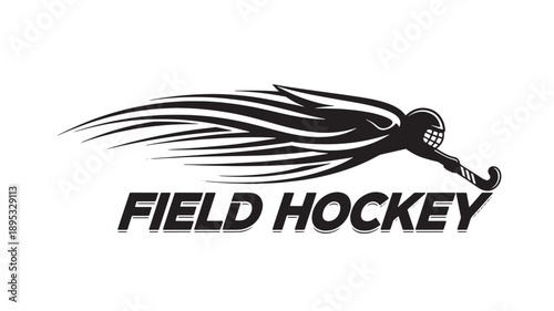 A sleek black and white illustration of a field hockey player in action, capturing the intensity and speed of the game.