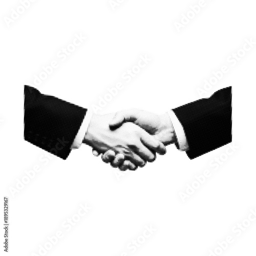 Black and white halftone close up of two businessmen shaking hands in formal suits on transparent background for business agreement and cooperation concept