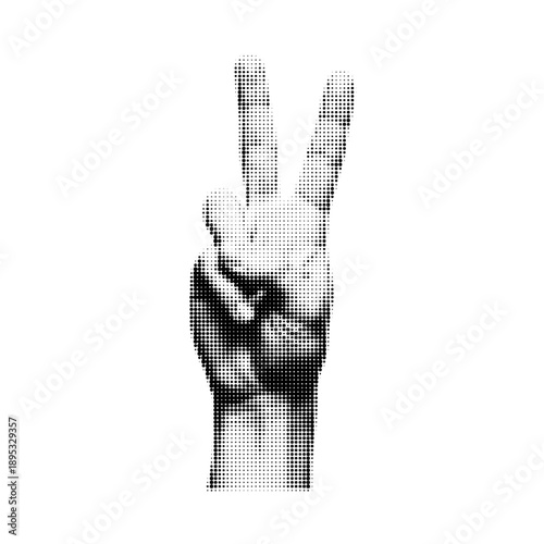Halftone vintage style closeup of hand showing peace victory sign with two fingers raised black and white isolated transparent background