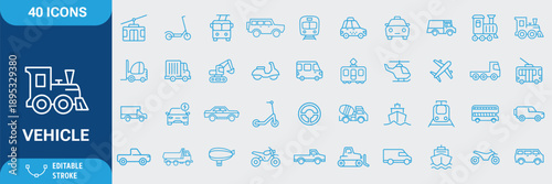 Vehicle icon set. Car, bike, airplane, train, bicycle, motorbike, bus, scooter transportation symbols for mobility, travel, logistics, urban transport and traffic concepts