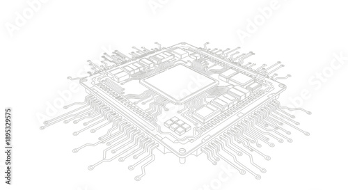 This illustration displays a detailed technical drawing of a processor or electronic component, representing computing and hardware technology.
