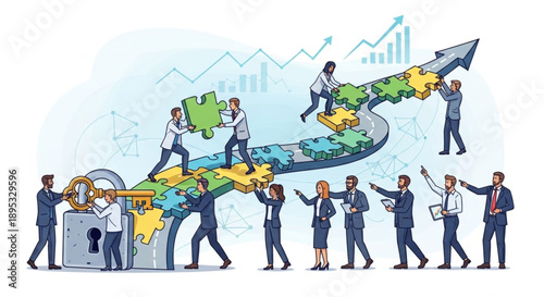 Business People Assembling Puzzle Pieces Forming Growth Arrow.