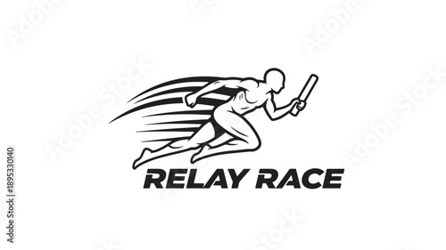 A sleek black and white illustration of a relay runner in full stride, holding a baton, with bold 'RELAY RACE' text, conveying speed and teamwork.