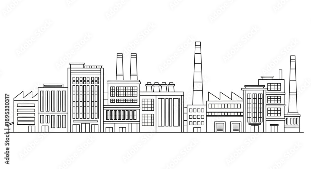 Obraz premium This image presents an industrial factory skyline with smokestacks and buildings in a minimal line art style. It represents manufacturing, production, and industrial development themes. 