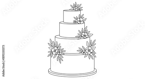 Line Art Drawing of a Floral Wedding Cake