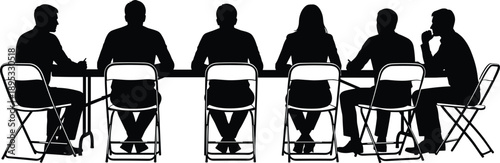 Silhouette of Six People Sitting Around a Long Table in a Meeting Keywords: silhouette, people, sitting, table, meeting