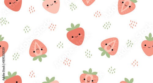 Cute kawaii strawberry seamless pattern background with happy fruit faces and minimalist abstract dots in sweet pastel vector style.