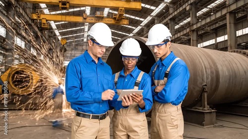 Three industrial workers in safety gear collaborating on a tablet inside a large manufacturing facility, with machinery and sparks flying in the background, showcasing teamwork and innovation