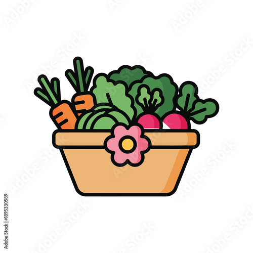 Fresh vegetable basket vector clipart with carrots, lettuce, radish in cartoon flat style