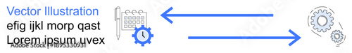 Business planning, teamwork, project workflow, automation, data exchange, system process. Two arrows connect gears and a calendar. Business workflow and automation concept