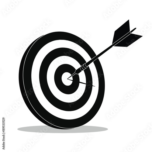 Black and White Dartboard with Arrow in Bullseye on White Background target