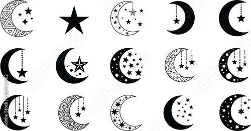 Decorative Moon and Star Icons Collection crescent moon night sky